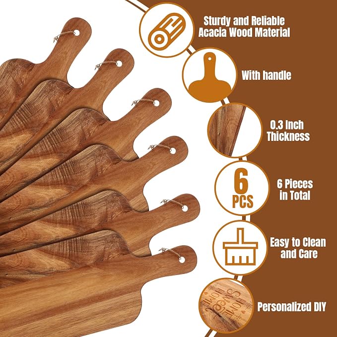 Patelai 6 Pcs Cutting Board Set with Handles Laser Engraving Wooden Charcuterie Kitchen Plain Serving Chopping Board Bulk for DIY Housewarming(Acacia Wood,15 x 7 Inch)