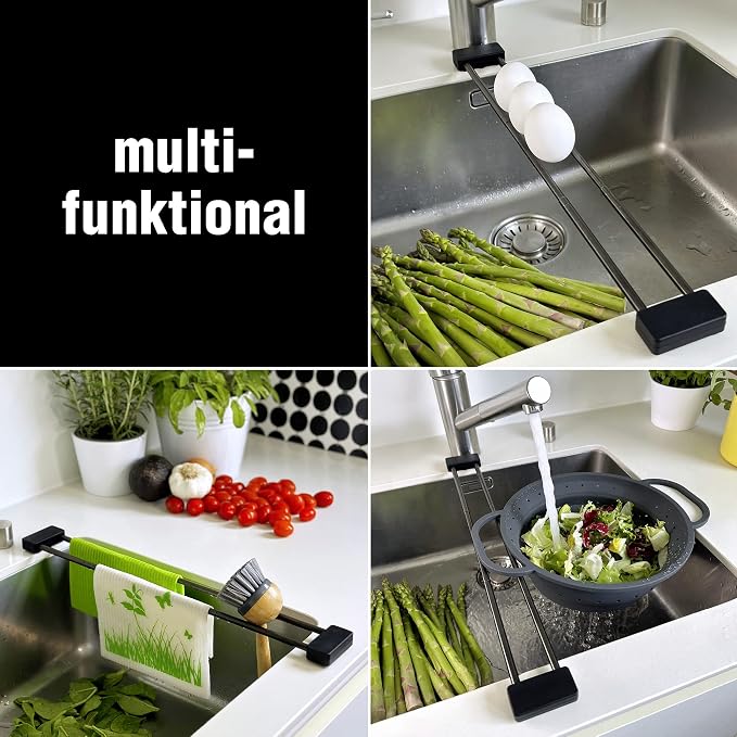 Sanni Shoo drip.line Pure drip Tray/Rack, Practical, Multifunctional Kitchen Rack for Storing dishcloths and Brushes, drip Drying Bottles, extendable, Heat-Resistant (Black Steel Edition, Pure)