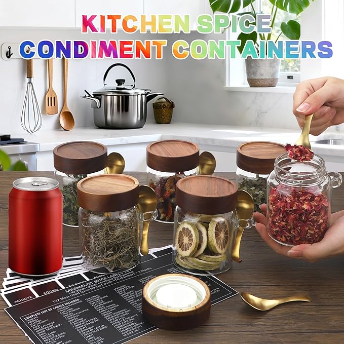 10 oz Small Glass Jar with Spoon and Airtight Wood Lids set of 6,Sugar Ground Herb Canister Round Food Storage Container for Spice Jams Coffee Pasta Candy Rice Loose Tea (300ml/10oz-6Pack)
