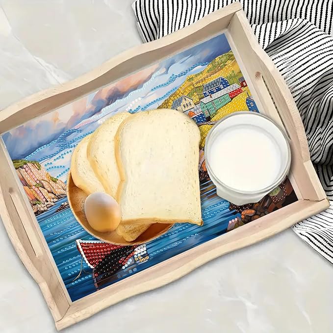 BAYUNOE DIY Diamond Serving Tray Rectangular Breakfast Tray with Handle Handmade Diamond Art Painting Wooden Tray Spring Creative Dinner Plate Coffee Room Living Home Organizer-Seaside Village