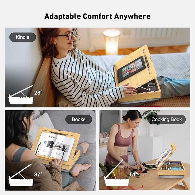AboveTEK Book Stand for Reading with Storage, Adjustable Bamboo Book Holder with Soft Lap Cushion, Cookbook Stand, Hands-Free Book Reading Stand for Bed, Desktop & Kitchen Counter