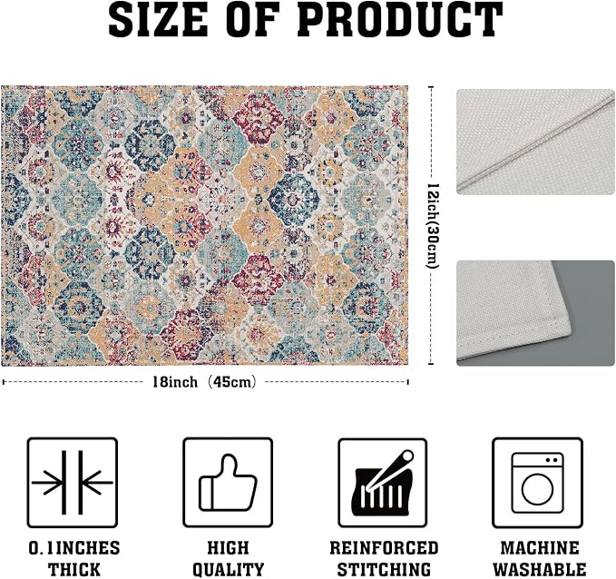 Ethnic Boho Placemats Set of 4 Bohemian Carpet Vintage Rust Coral Floral Carpet Linen Washable Kitchen Dining Table Mats Stain Heat-Resistant Desktop Decor Place Mats 12x18 in