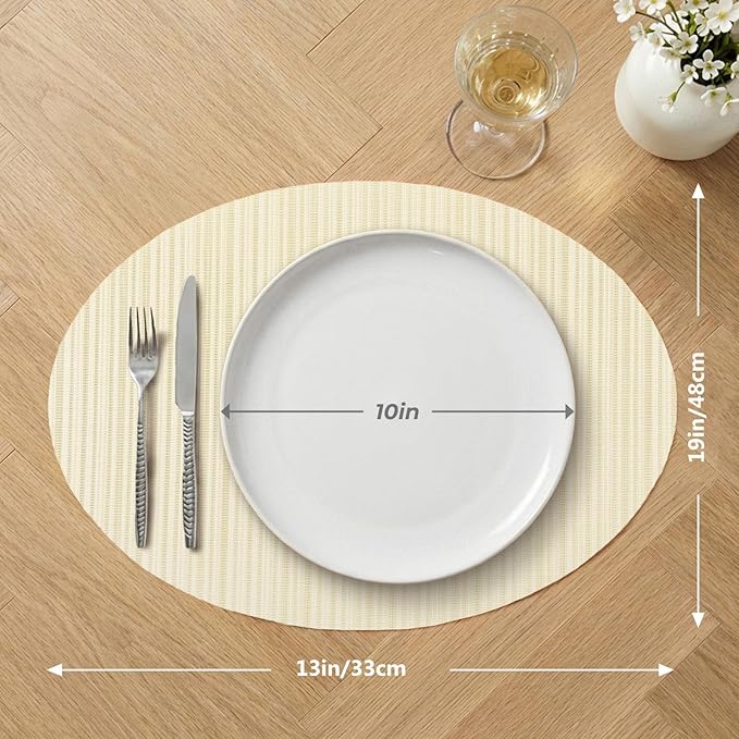 AHHFSMEI Oval Placemats Set of 6 Woven Vinyl Non-Slip Heat Resistant Stain Resistant Easy Clean Place mats for Dining Table(Beige)