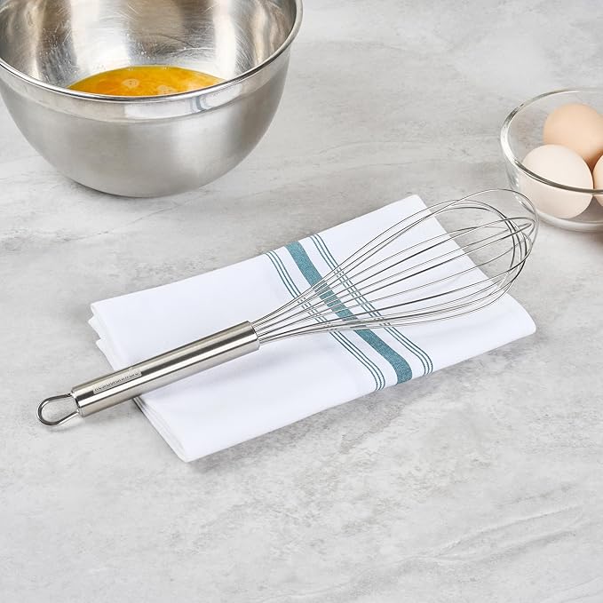 Restaurantware 12 in Stainless Steel Wire Whisk - German Standard Kitchen Balloon Whisk with Ergonomic Handle, Dishwasher Safe - Durable French Whisk for Cooking, Mixing Thick Batter and Sauce