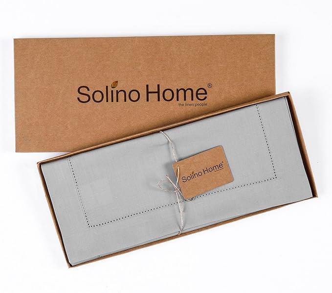 Solino Home Cotton Linen Light Grey Table Runner 132 Inches Long - Hemstitch 14 x 132 Inch Table Runner for Spring, Summer