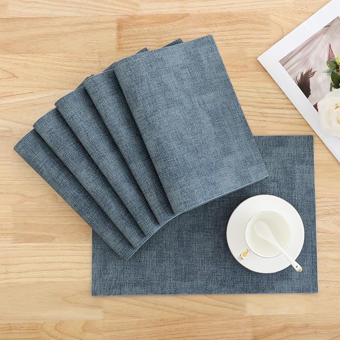 Homaxy Faux Leather Heat Resistant Placemats for Dining Table Set of 6, Waterproof Wipeable Washable PU Table Mats, Easy to Clean Anti-Slip Place Mats, 11.8" x 17", Blue