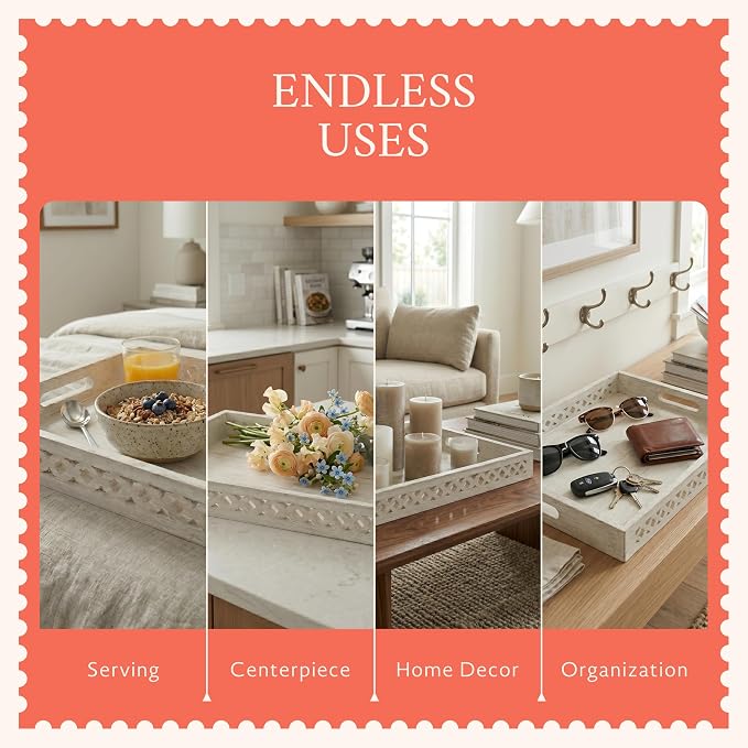 Mela Artisans Trellis Whitewash Mango Wood Serving Tray with Handles – Handcrafted Wooden Tray for Coffee Table, Kitchen Countertop, Snacks & Home Decor – Medium, 16 x 12 x 2.5