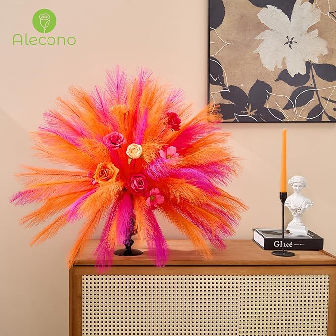 Alecono Pampas Grass 17in 𝟯𝟬𝙋𝙘𝙨, Orange and Hot Pink Artificial Faux Fluffy Pampas Grass Decor for Home Wedding Centerpieces Party