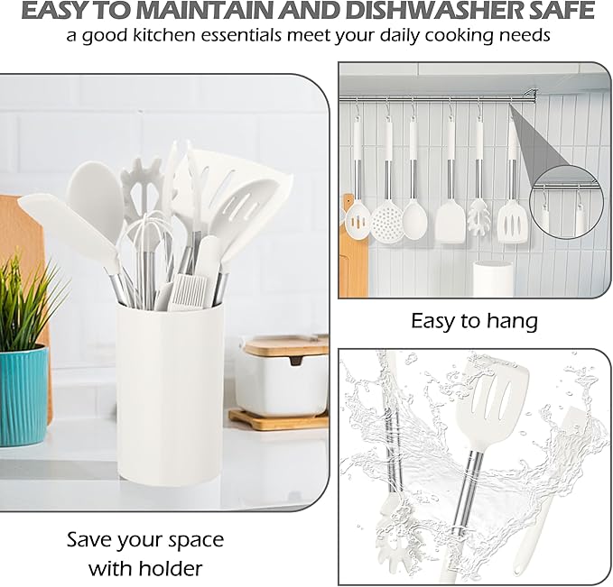 HaWare 29 PCS Silicone Cooking Utensils Set, Heat Resistant Kitchen Utensils Set with Stainless Steel Handle, Spatula Sets with Holder and Hooks, Kitchen Tools Gadgets for Nonstick Cookware -White