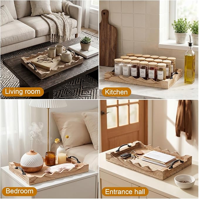 4 Pcs Rustic Wood Scalloped Serving Tray Wood Decorative Serving Tray with Handle Rustic Rectangular Platter 13 x 9.5 for Farmhouse Ottoman Breakfast Coffee Table Home Kitchen Decor(Burnt)