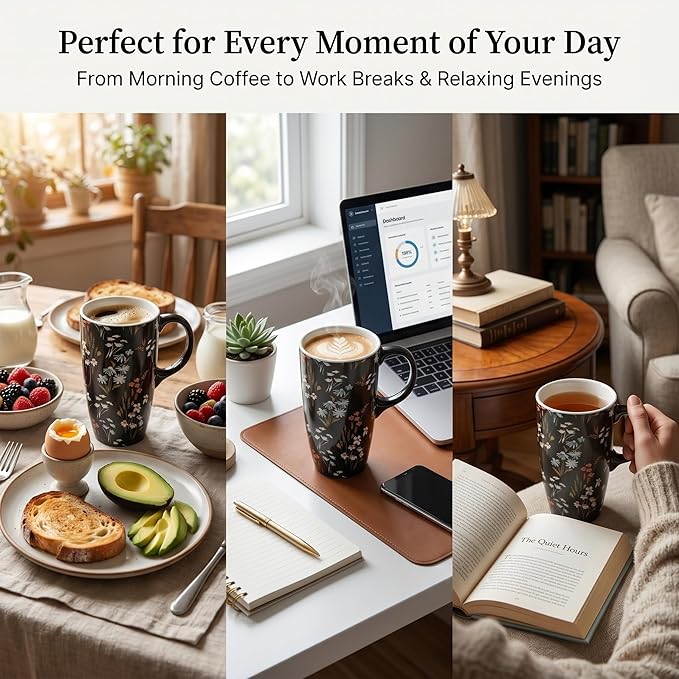 DUSVALLY Ceramic Coffee Mug Travel Cup with Lid and Handle, Reusable 17 Oz Ceramic Latte Teacup in Color Box, Suitable for Car Cup Holder, Black Flower