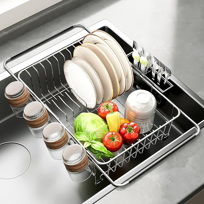 PureBox Expandable Over The Sink Dish Drying Rack - Adjustable Stainless Steel Dish Rack for Kitchen Counter or In-Sink, Heavy-Duty Rust-Proof Space Saving Drainer with Utensil Holder (15.5" to 23.2")