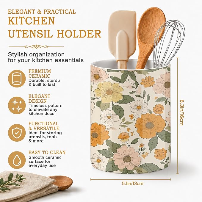 Kitchen Utensil Holder,Retro Boho Groovy Flower Ceramic Utensil Crock for Countertop,Cooking Tools Storage jar for Spatulas and Spoons,Housewarming Gifts 6.3"