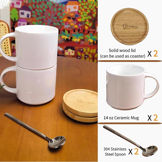14 oz Ceramic Coffee Mug Set of 2 with Solid Wood Lids & Spoons – Stackable White Mugs, Microwave/Dishwasher Safe, Heat Resistant – Ideal Housewarming Wedding Gift for Women Men