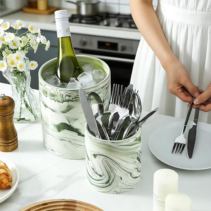 7"+5.3" Farmhouse Marble Utensil Holder, Large Kitchen Utensil Cooking Tools Holder Organizer , Marble Green Stable Utensil Crock Spatula Holder for Kitchen Countertop