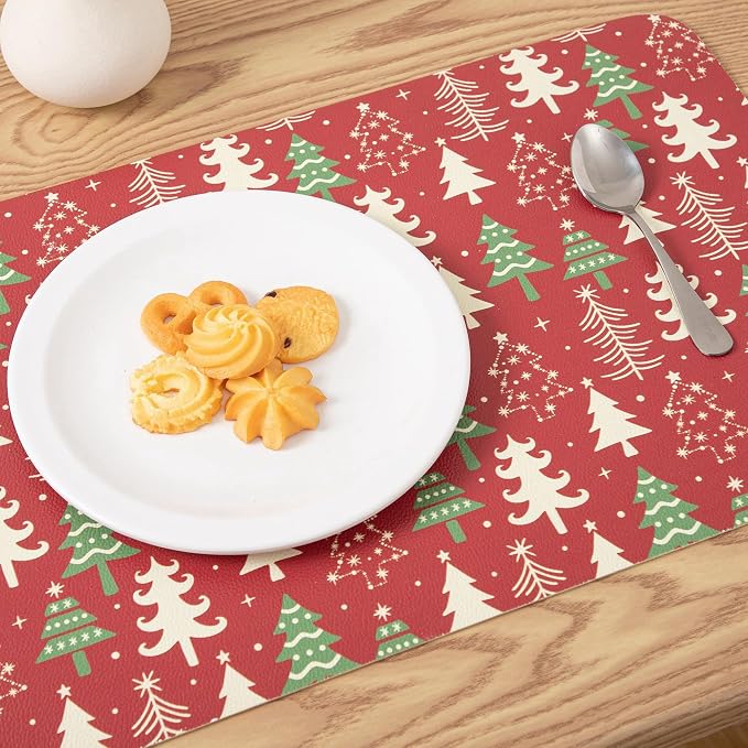 Placemats Set of 4-Waterproof Heat Resistant Non-Slip Washable Table Mats for Dining Table,12 x 18 inch Christmas Tree