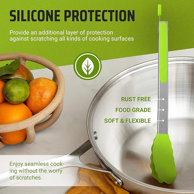 Kaluns Kitchen Tongs for Cooking Grilling Set of 4, BBQ Grill Tongs With Silicone Tip Stainless Steel Heat Resistant, Non-stick Pull Lock, Incl 7, 9, 12 Inch Tong Plus a Silicone Spatula