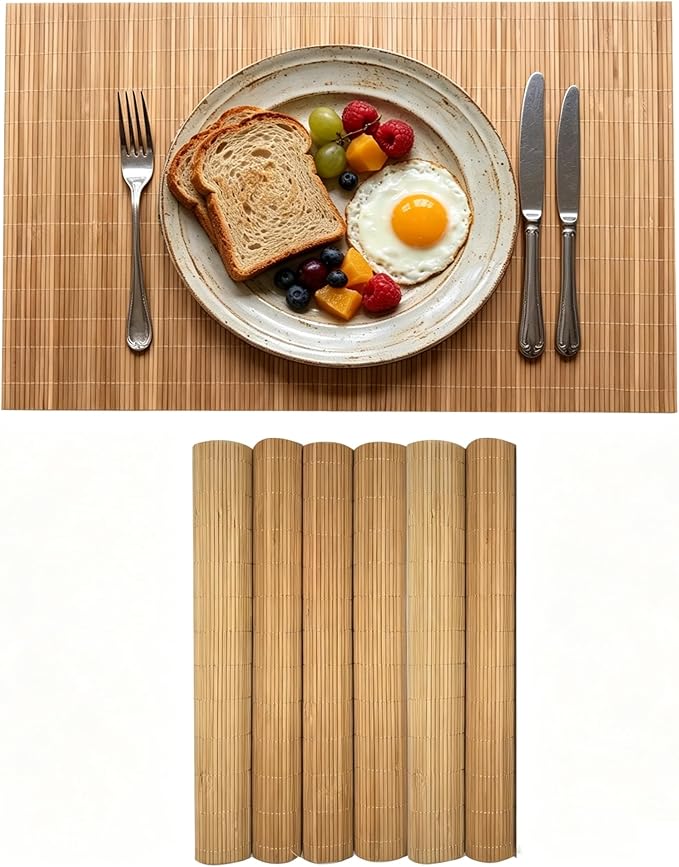 6-Pack Bamboo Placemats,Woven Heat-Resistant Rectangular Table Mats, Natural Dining Place Mats, Rustic Japanese Style Wood Mats for Indoor Dining, Kitchen and Party Use, Coffee