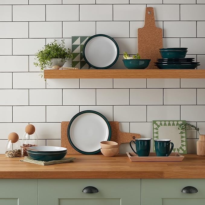 Denby - Greenwich Coffee Breakers Set of 2 - Dishwasher, Oven, Microwave, and Freezer Safe, 330ml (12cm x 10cm x 10cm) Green, White Ceramic Stoneware Tableware - Chip & Crack Resistant