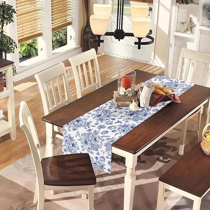 Snycler 13x108 Inch Table Runner Blue Monochrome Sketch Flower Birds Butterfly Table Cover Retro Floral Kitchen Dining Table Decoration for Indoor Outdoor Home Party Restaurant Supplies