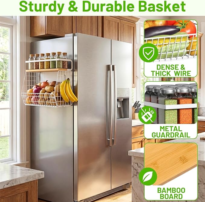 Ofiray-home Magnetic Fridge Shelf with Wood Lid, Fruit Potato Onion Storage Bins, Pantry Organizers, Large Container Spice Rack for Refrigerator, Kitchen Counter, Cabinet (1, White)