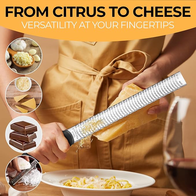 Orblue Lemon Zester & Cheese Grater - Premium Citrus Zester, Kitchen Grater for Parmesan, Chocolate, Fruits, Vegetables, Ginger, Garlic, Nutmeg - Stainless Steel Blades with Protective Cover, Black
