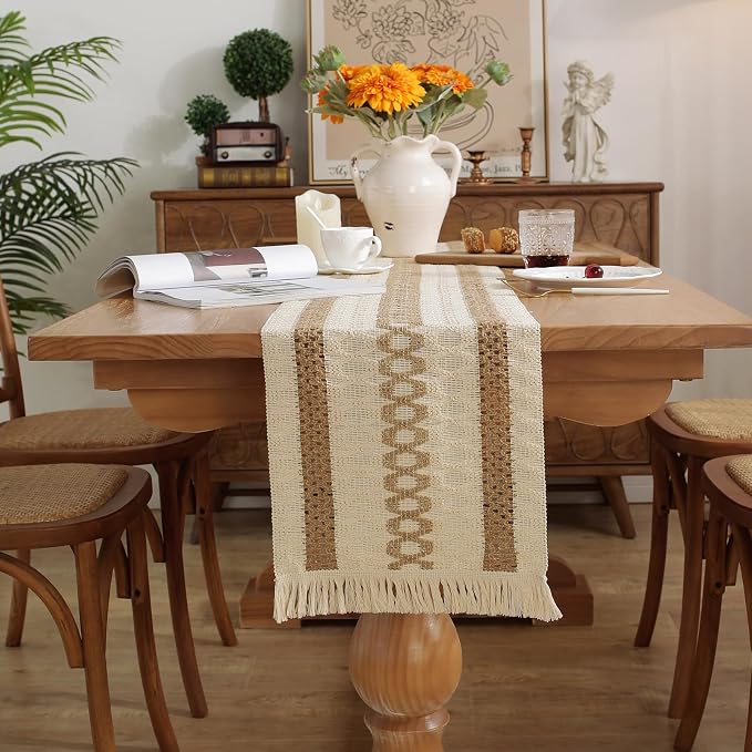 Niviy Boho Table Runner with Tassels 12 x 108 Inches Long, Cream & Brown Rustic Farmhouse Table Runner with Tassels for Home Kitchen Holiday Party and Wedding Decor Runner