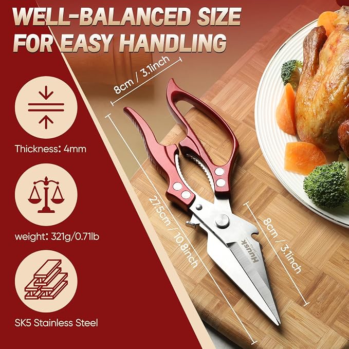 Huusk Kitchen Scissors Heavy Duty – All Purpose Poultry Shears for Chicken, Meat, Fish, Vegetables & Pizza, Japanese Kitchen Shears with Ergonomic Non-Slip Red Handle, Gifts for Women Men