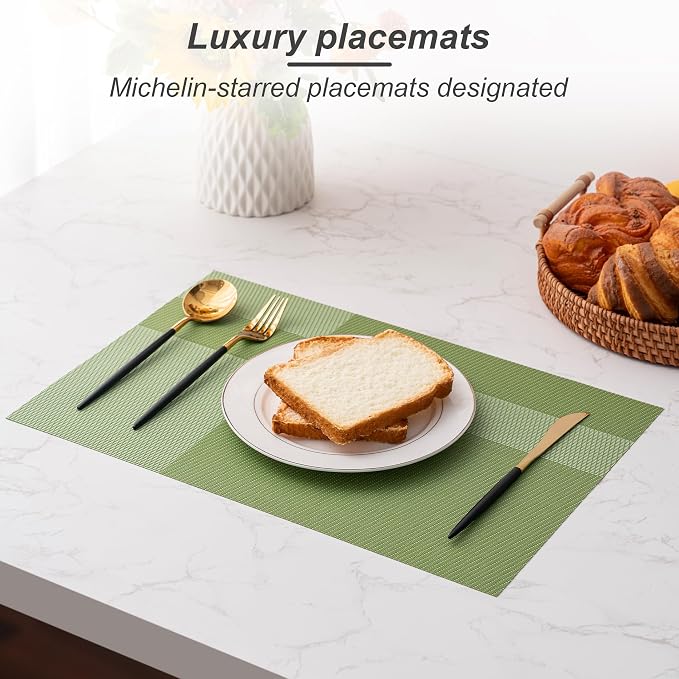 CADONO Placemats Set of 6 Washable Indoor/Outdoor Vinyl Place Mats for Dining Table Durable Non-Slip Heat Resistant PVC Weave Table Mats（Green Cube）