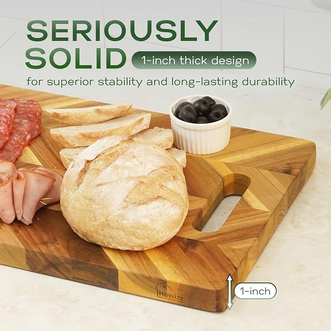 Howizz Solid Acacia Wood 36"x12" Extra Large Charcuterie Board with Handles, Grazing Board Serving Board Herringbone Chevron Serving Tray for Bread, Meat, Appetizers, Kitchen Cutting Board