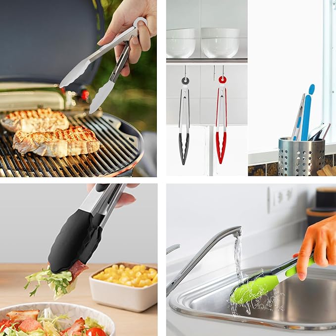 7-Inch Silicone Tongs Pack of 3, Small Tongs with Silicone Tips for Cooking, Barbecue, Buffet Serving (7", RGB)
