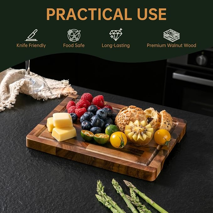 THETCHRY Walnut Wood Small Cutting Board, Compact Chopping Board with Deep Juice Groove, Knife Friendly & Non-Slip Design, 10x8x0.8 Inch for Fruit Cheese Prep
