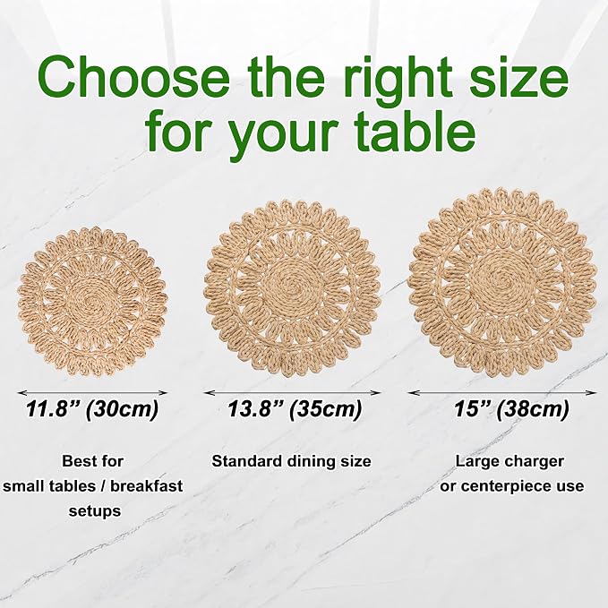 Laquedecraft 11.8" Set of 4 Round Corn Husk Placemats | Boho Woven Rattan Table Mats | Farmhouse Wicker Spring Plate Chargers Like Water Hyacinth, Seagrass for Wedding, Party, Christmas, Events
