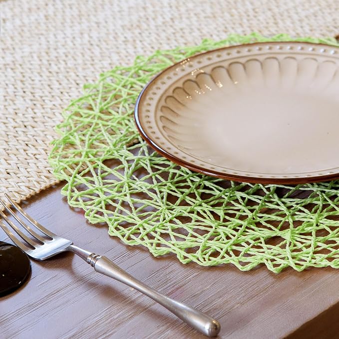 AHHFSMEI Paper Braided Round Placemats Set of 12 Natural Non-Slip Heat Resistant Table Mats for Dining Tables Woven Indoor Outdoor Place mats(Light Green,12)