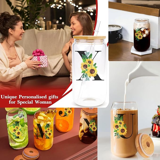 Initial Glass Cups Sunflower with Bamboo Lids and Straws,16oz Iced Coffee Mug Tumbler,Monogrammed Birthday Gifts Mother's Day Sunflower Gifts for Women,Mom,Friend,Sister
