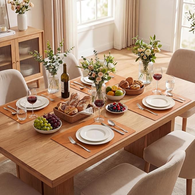 Artoid Mode Rust Faux Leather Placemats Set of 4, 12x18 Inch Waterproof Wipeable Heat Resistant Vinyl Place Mats, Reversible Table Mats for Fall Kitchen Dining Decor