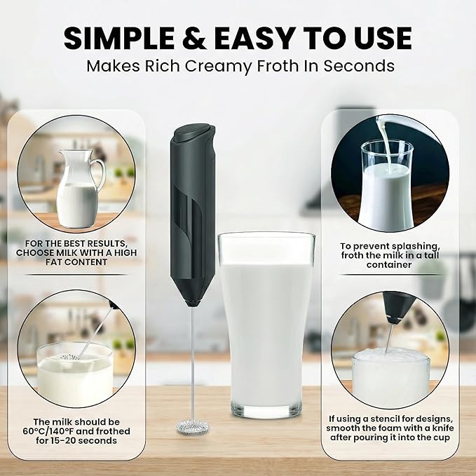 Handheld Milk Frother Wand - Electric Whisk Frother for Coffee Battery Operated - Drink Stirrer Electric Frothers Handheld - Drink Mixer - Coffee Mixer Wand