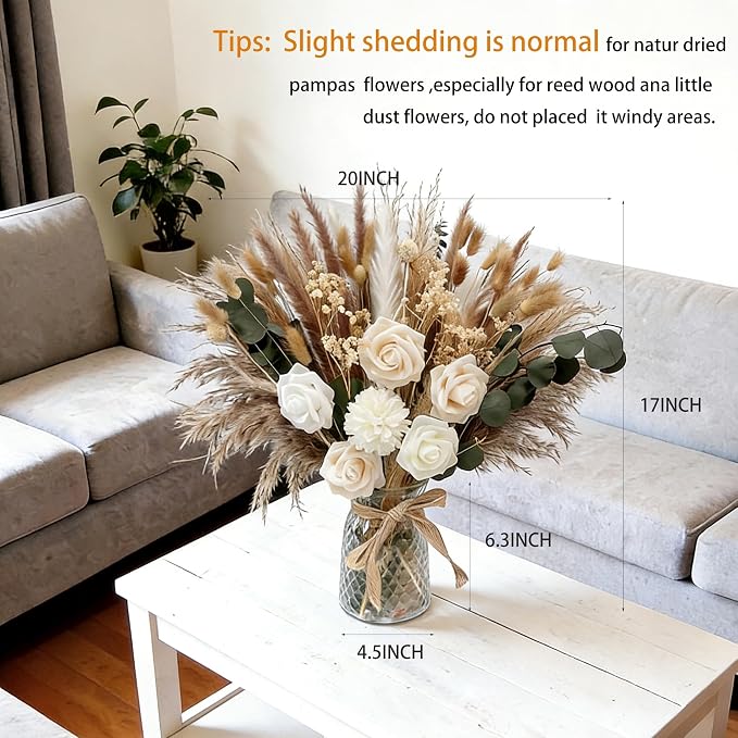 Indoor Artificial Dried Flowers with Vase for Table Top Decor,Natural Dried Pampas Grass Bouquet Faux Flowers in Vase for Wedding,Home,Kitchen,Rustic Decoration (Natural Champagne)