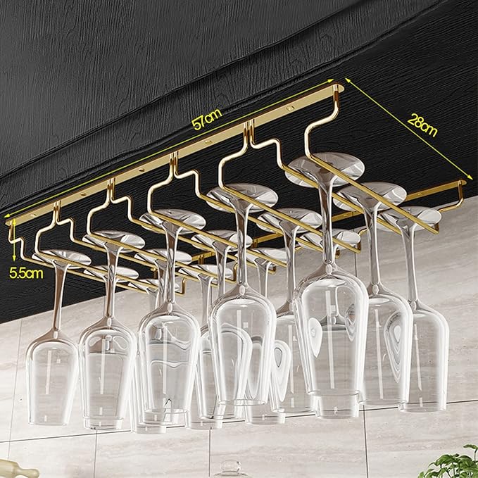 Gold Wine Glass Rack Hanging Metal 304 Stainless Steel Under Cabinet Shelf Stemware Racks Wine Champagne Goblets Holder for Kitchen Bar Pub (Size : 57x28x5.5cm)