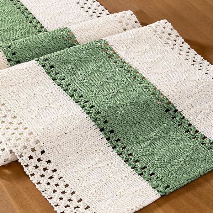 MLMC Sage Green Boho Table Runner Farmhouse Macrame Woven Table Runner 48 inch Long Rustic Cotton Linen Blend Table Decor for Dinning Kitchen Wedding Bridal Shower Eveyrday Use 12x48 Inch