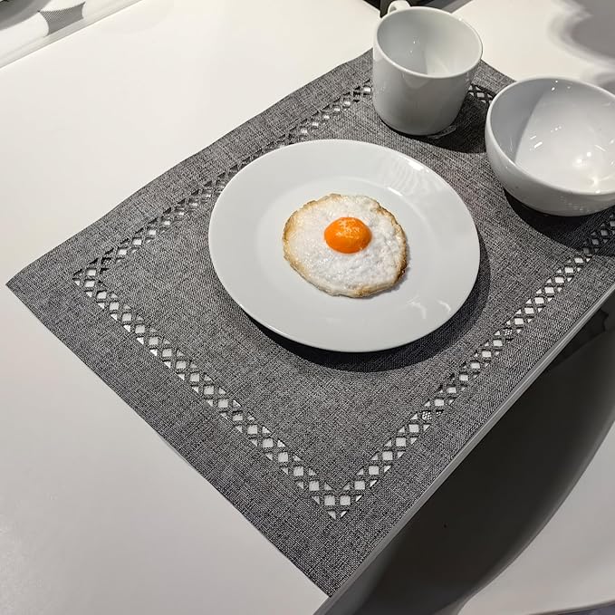 Placemats Set of 4 for Dining Table with Hollow Edge Design- Table Mats 12x 18 Inch, Cloth Place mats Machine Washable (Grey 4pcs)
