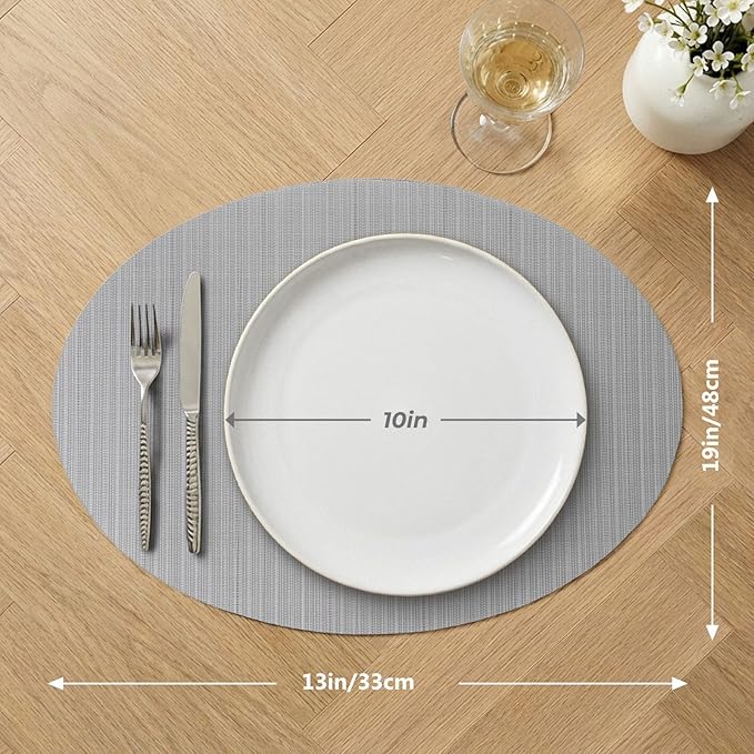 AHHFSMEI Oval Placemats Set of 6 Woven Vinyl Non-Slip Heat Resistant Stain Resistant Easy Clean Place mats for Dining Table(Grey)