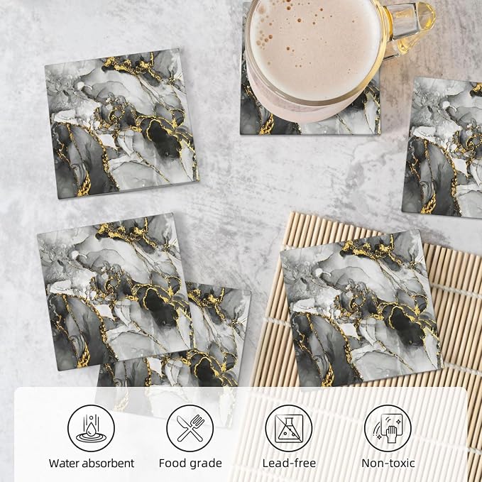 Grey Black Gray Marble Square Ceramic Coasters Set of 6 Pack, Luxury Brown Black Ombre Gold Ink Stone Drink Coaster with Cup Holder Anti-Scratc Cork Backing Bar Kitchen Home Housewarming Gift