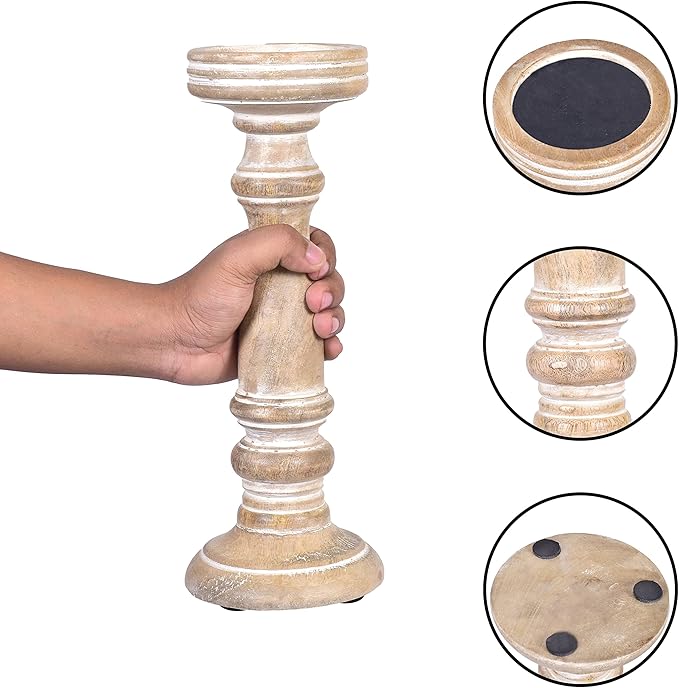 Mela Artisans 6”, 9” & 12” Mango Wood Pillar Candle Holder Set of 3 – Chennai Design Whitewash – Wooden Candle Holders for Table, Mantel & Living Room Décor