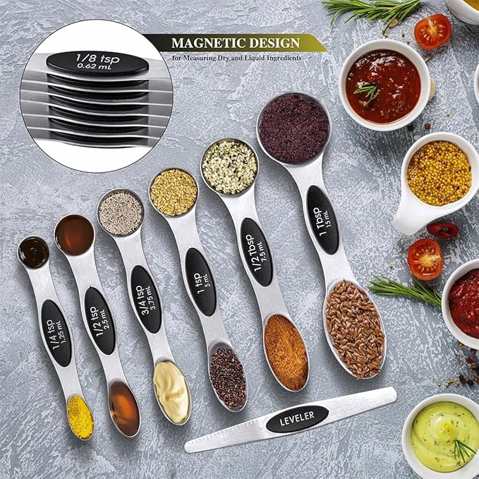 Measuring Cups & Spoons Set of 16, BOBIPRO Stainless Steel 8 Nesting Measure Cups Set & 7 double-sided Magnetic Measuring Spoons Set & 1 Leveler for Dry and Liquid Ingredient