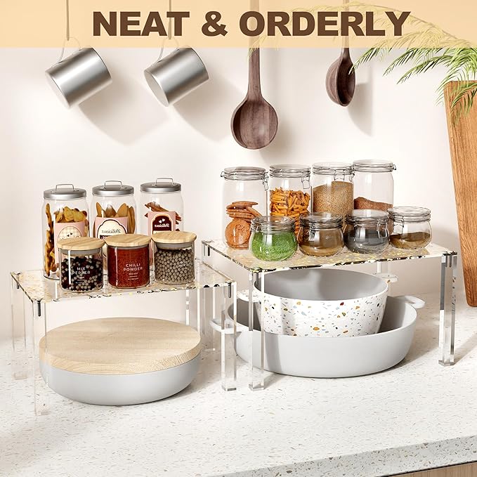 Acrylic Cabinet Organizer, Set of 4 Stackable Spice Rack for Kitchen Organizer Storage Countertop Spice Organization for Cabinet Display Shelves(Gold)
