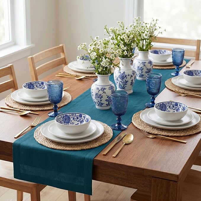 Solino Home Linen Table Runner 120 Inches Long - 100% Pure Linen Peacock Blue Table Runner 14 x 120 Inch - Fete
