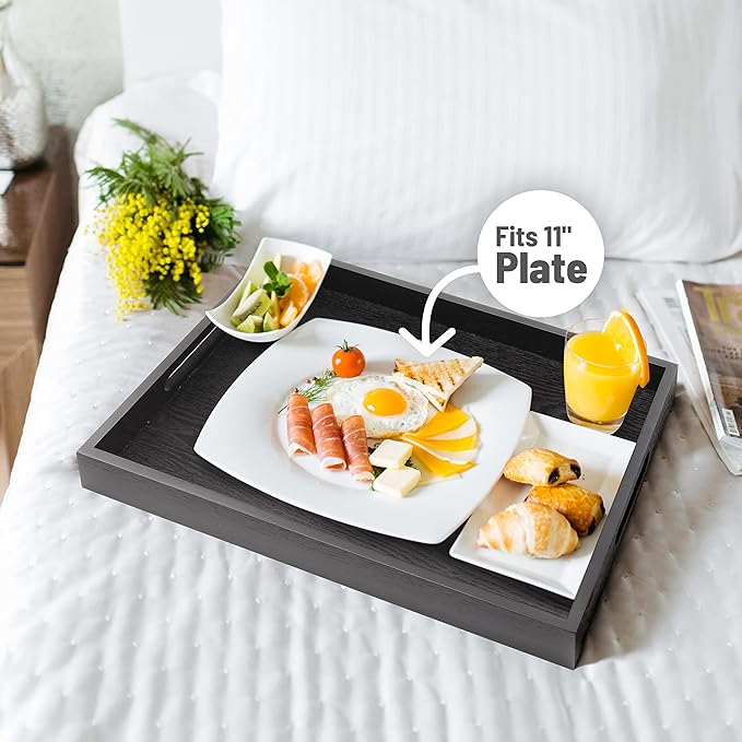 ATZYmolin Wood Serving Tray with Handles, Home Decorative Wooden Rectangle Ottoman Decor Platter Vanity Tray for Breakfast Dinner Drinks Kitchen Dining Living Bathroom Restaurants Black