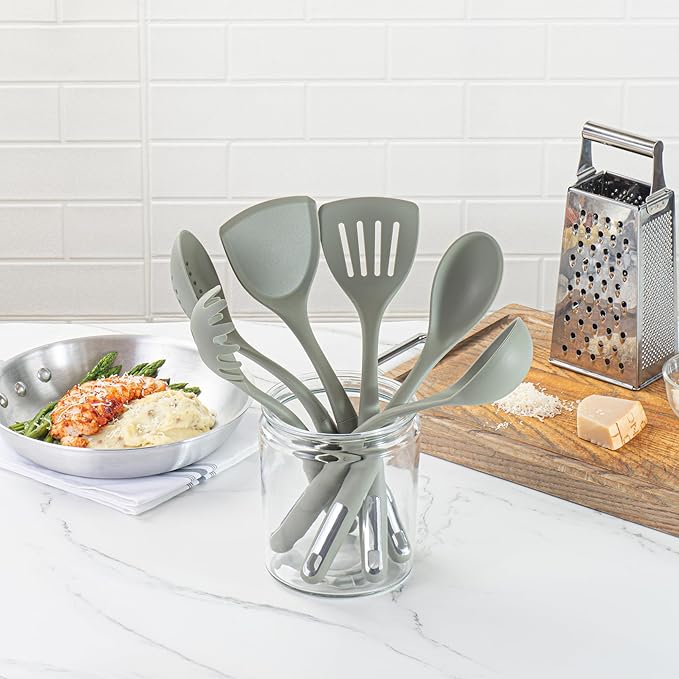 Restaurantware Silicone Utensil Set Pack of 10 Non-Slip Handle 6-Piece Kitchen Tool Set, Heat-Resistant Dishwasher-Friendly Cooking Accessories, Durable Green Cooking Utensils