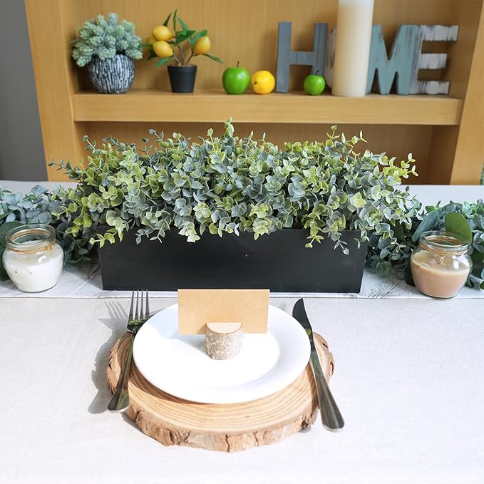 Winlyn 14" Artificial Eucalyptus Arrangement Faux Eucalyptus Plants in Black Rectangular Wooden Planter Box Artificial Potted Plant for Farmhouse Home Wedding Table Centerpiece Shelf Greenery Décor